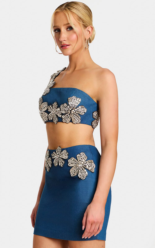 One shoulder denim two-piece dress with crystal floral appliqué