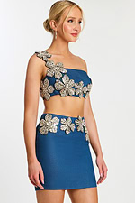 Blue denim crop top and skirt set with beaded flower embellishments