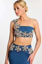 Jovani one-shoulder embellished denim party dress with rhinestone details