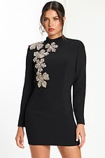 Long sleeve mini dress with floral beading and high neckline