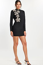 Black open back dress with crystal floral embellishments