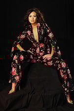 Glamorous black jumpsuit with red floral sequins and open sleeves