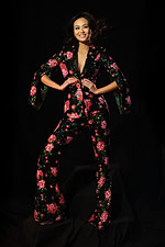 Sequin floral jumpsuit with deep neckline and wide-leg fit