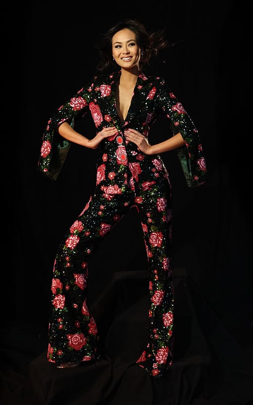 Sequin floral jumpsuit with deep neckline and wide-leg fit