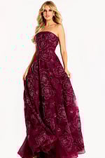 Strapless floral lace gown with beaded embroidery, fitted bodice, and flowing A-line silhouette.