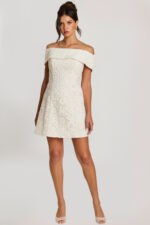 Off-the-shoulder off-white short dress with floral lace overlay