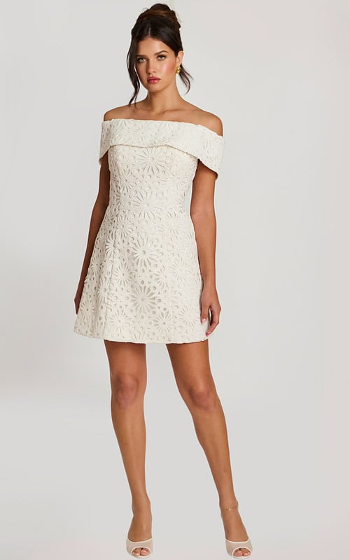 Off-the-shoulder off-white short dress with floral lace overlay