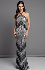 Front view of a fitted halter gown with geometric beading and fringe detailing