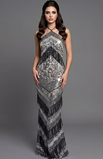 fitted beaded gown highlighting the halter neckline and vertical fringe pattern