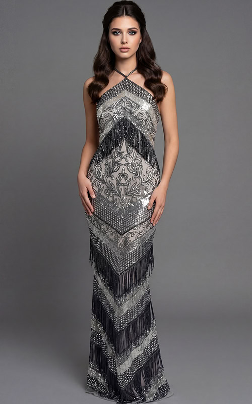 fitted beaded gown highlighting the halter neckline and vertical fringe pattern