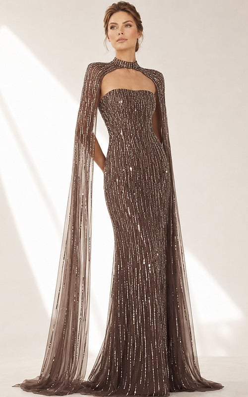 brown beaded sequin column gown with high neck cape shrug and long flowing sleeves