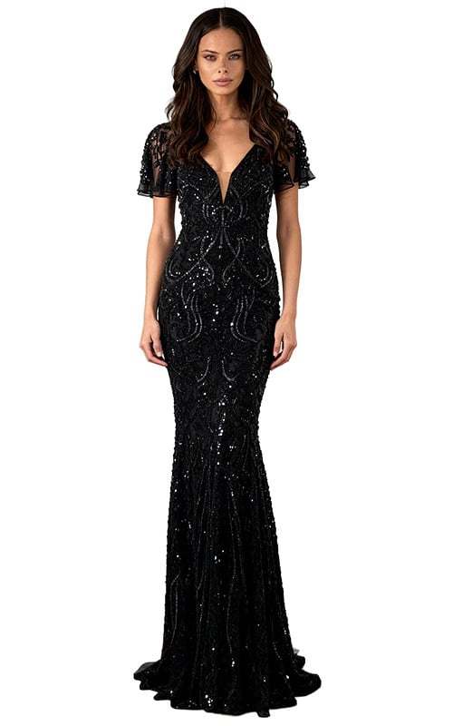 Fitted beaded gown with sheer sleeves and deep V back