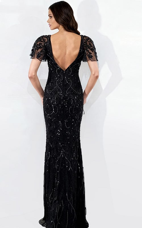 Elegant gown with intricate beadwork and soft flutter sleeves