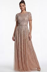 Front view of a beaded A line gown with short sheer sleeves and flowing skirt