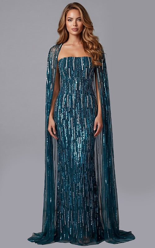 Strapless sequin column gown with sheer cape sleeves