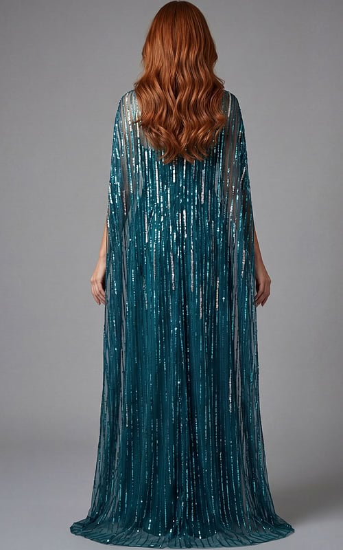 Fitted gown featuring vertical sequin lines and elegant drape