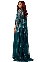 Elegant gown with long flowing cape and shimmering accents