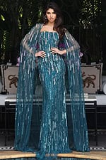 embellished strapless teal dress with cape 46065