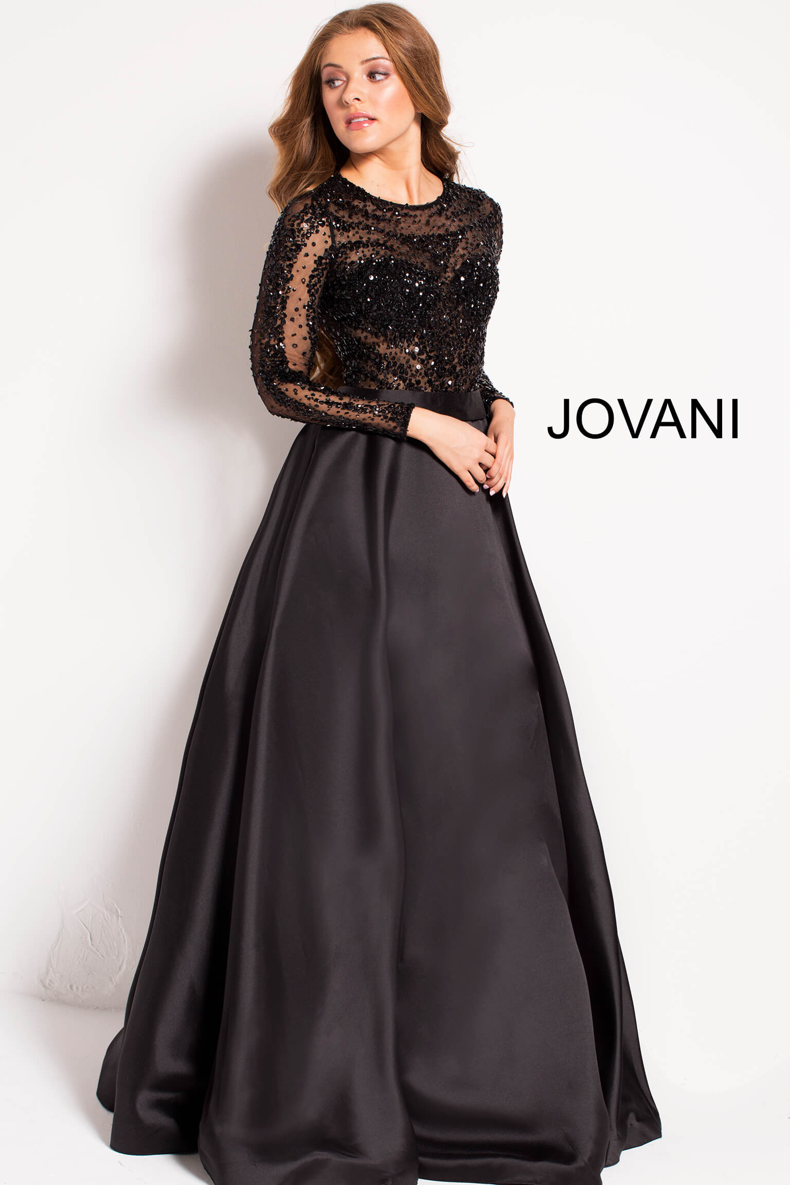 Model wearing Navy Beaded Long Sleeve Ballgown 46066