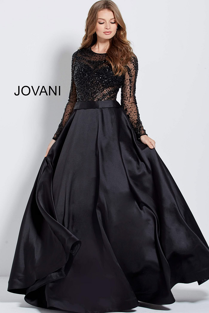 Jovani 46066 black gown front view showcasing elegant beaded design.