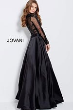 Side view of Jovani 46066 black gown with sheer sleeves and satin skirt.