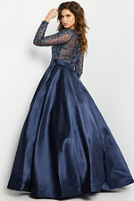Rear view of Jovani 46066 navy ball gown with sheer back and sequins