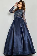 Full view of Jovani 46066 navy gown featuring a satin skirt and sequined bodice