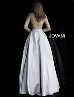 Model showing back of Jovani 46066 gown highlighting beaded details.