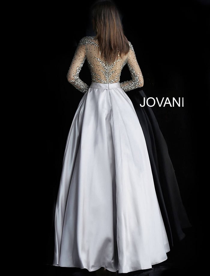 Back view of Jovani 46066 beige ball gown with sheer sequined top