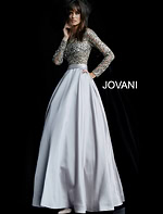Model in Jovani 46066 beige gown with sequined top and full skirt