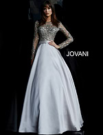Model wearing Jovani 46066 beige gown featuring elegant design.