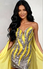 Sequined mini gown with long flowing cape