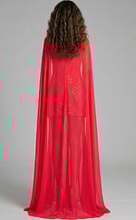 back of red short dress with cape 46072