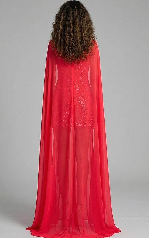 back of red short dress with cape 46072