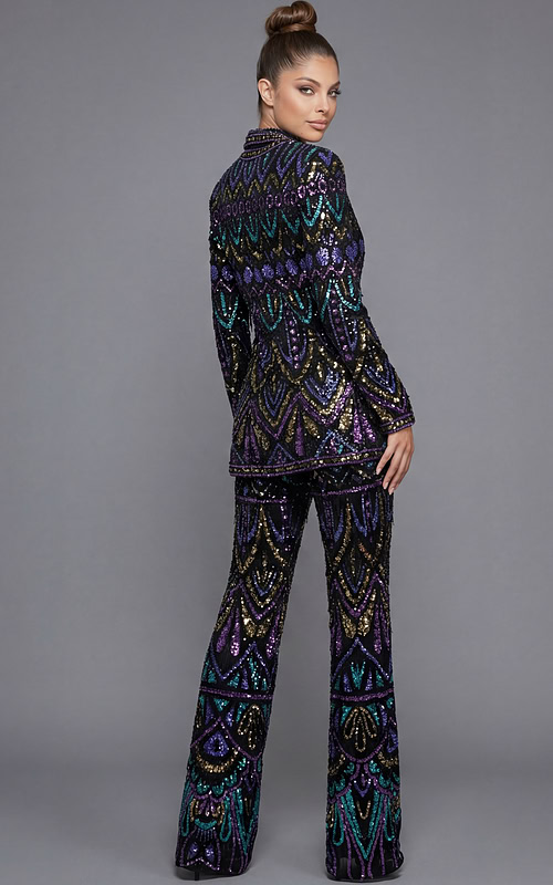 Fully beaded tailored suit with long sleeve jacket and wide leg trousers back view