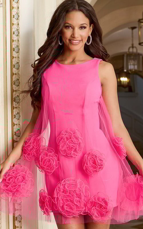 Front view of A-line mini dress with tulle rosettes