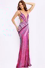 Sparkling backless prom dress with geometric bead pattern and slit