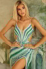 Close-up of geometric sequin pattern and plunging neckline