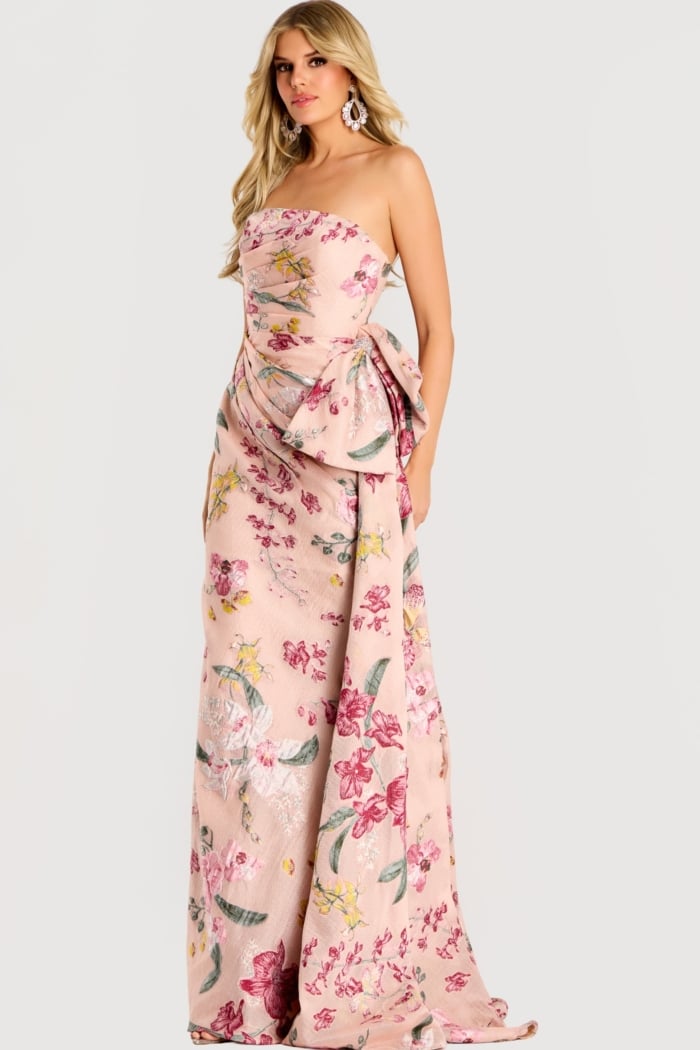 pink print dress with bow details on the side 46242