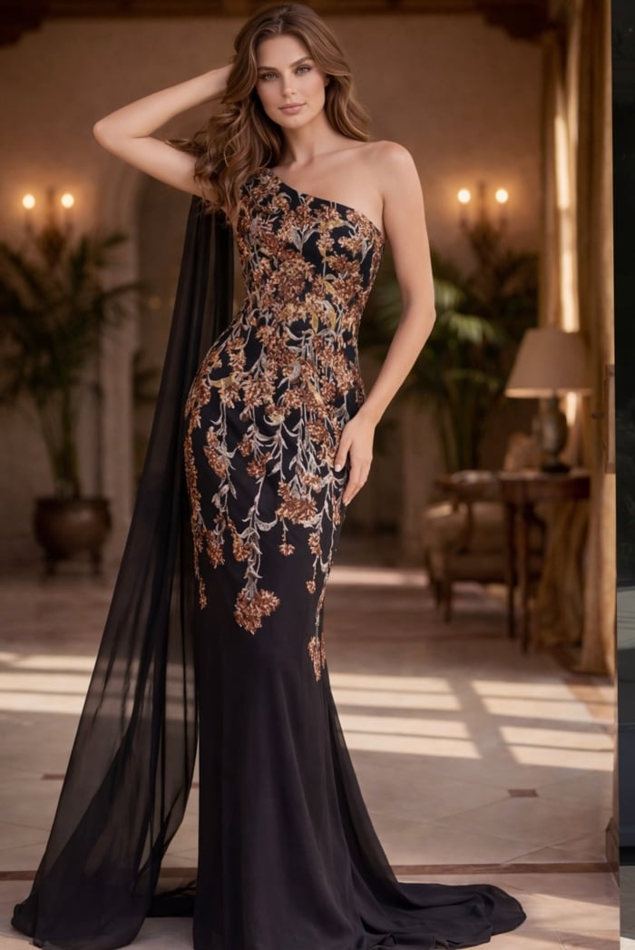 black gown with copper floral applique, one shoulder neckline and draped chiffon cape