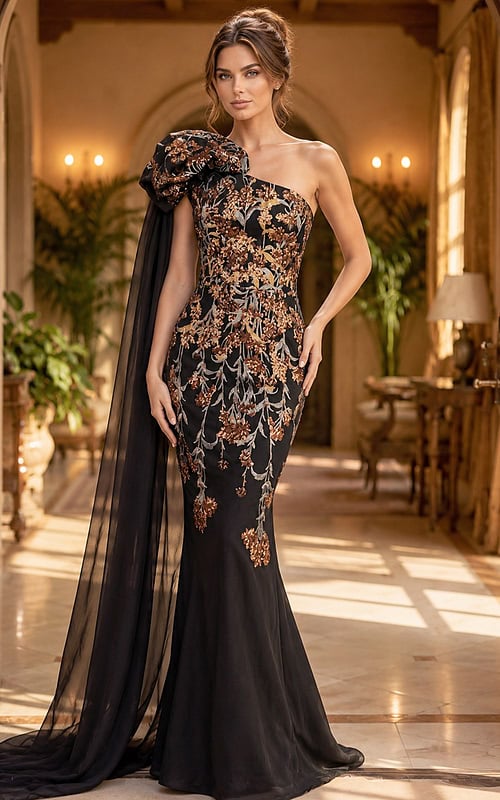 black gown with copper floral applique, one shoulder neckline and draped chiffon cape