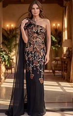 black gown with copper floral applique, one shoulder neckline and draped chiffon cape