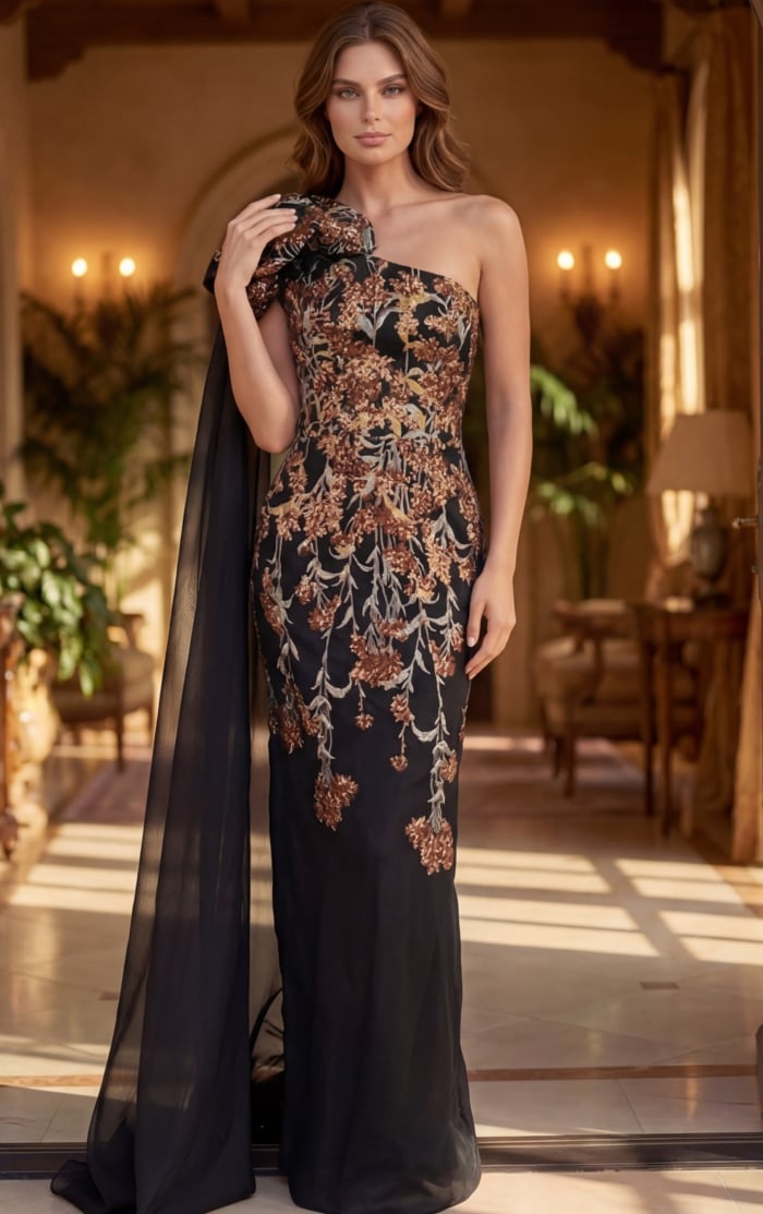 black gown with copper floral applique, one shoulder neckline and draped chiffon cape