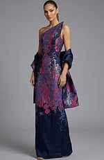 One shoulder jacquard gown with sculpted bodice and structured shawl