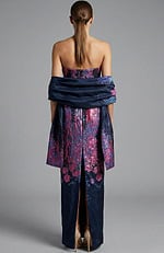 Back view of jacquard gown with straight skirt and matching wrap