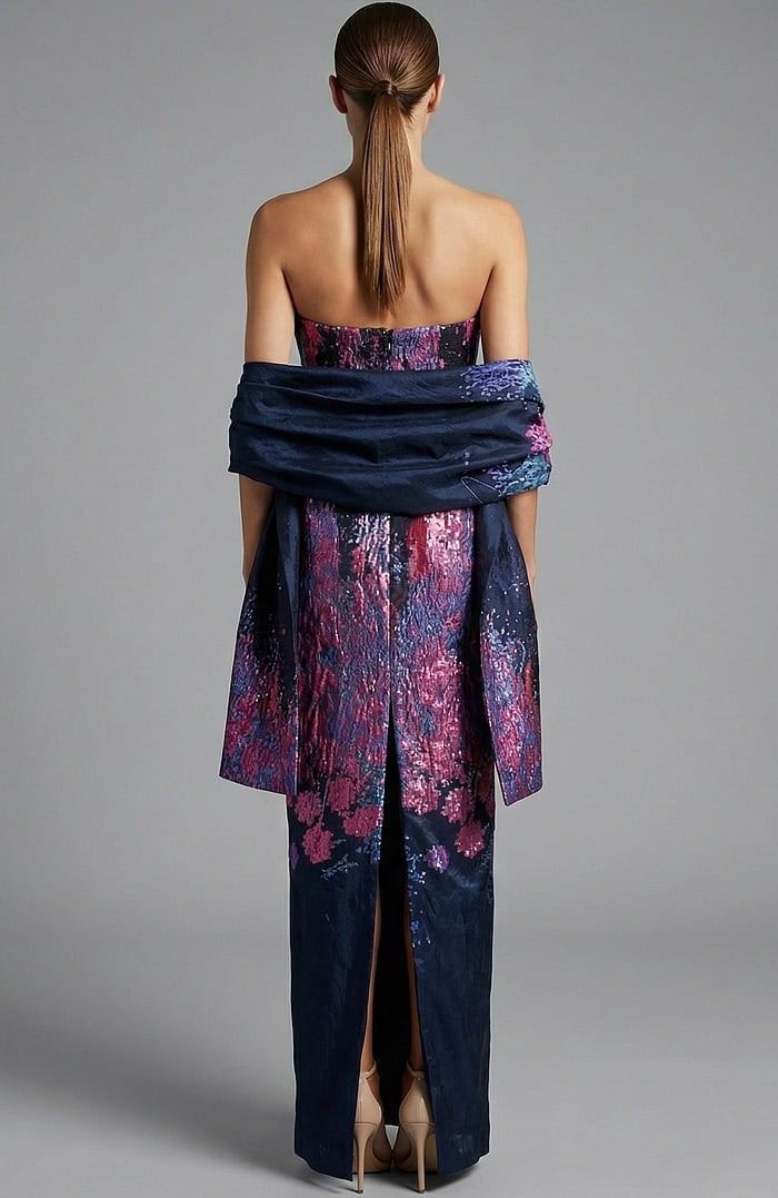 Back view of jacquard gown with straight skirt and matching wrap