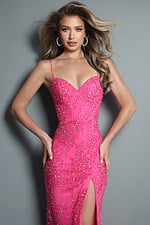 hot pink sheath long dress with spaghetti strap allover beaded sequin