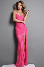 hot pink sheath long dress with spaghetti strap allover beaded sequin