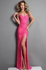 hot pink sheath long dress with spaghetti strap allover beaded sequin