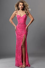 hot pink sheath long dress with spaghetti strap allover beaded sequin